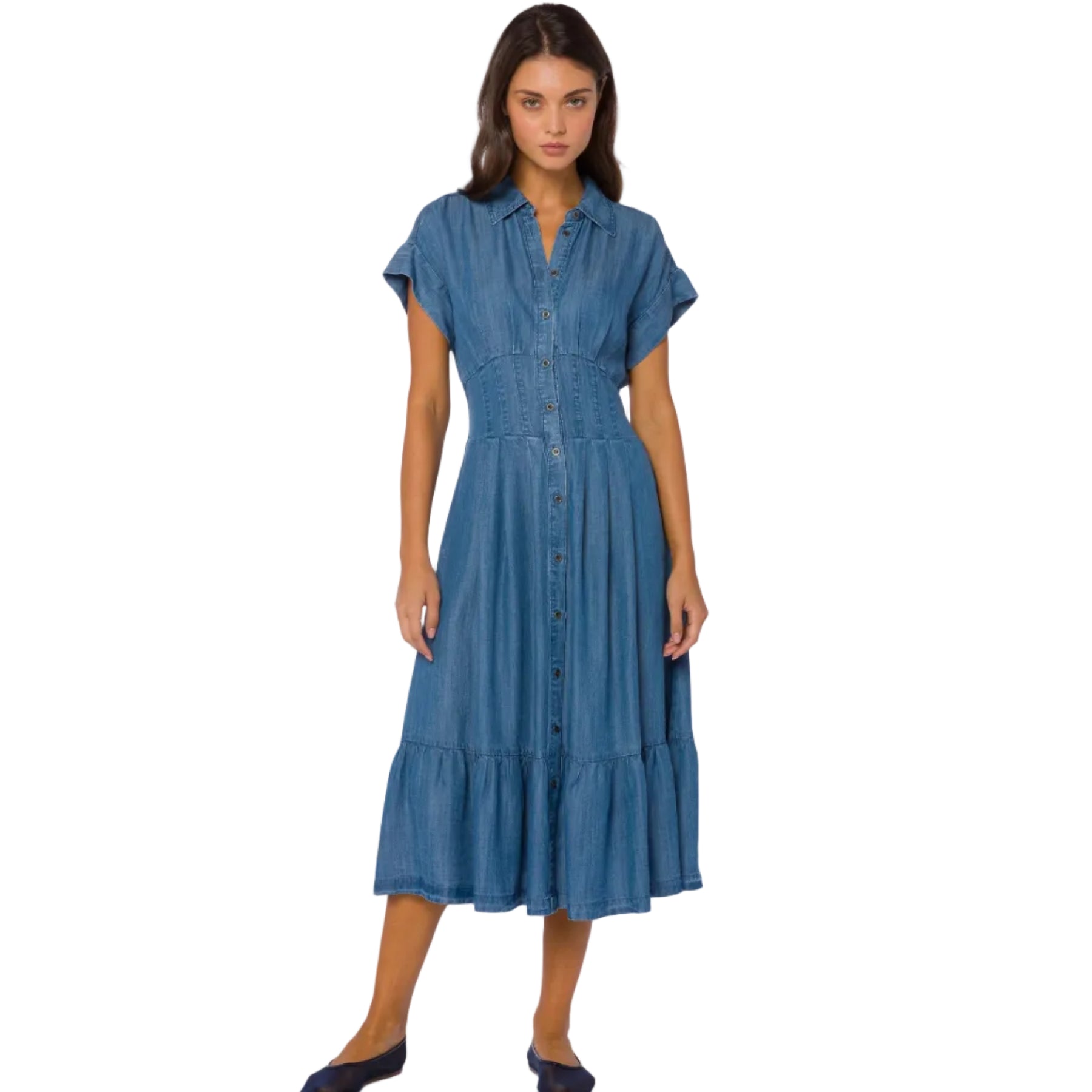 Woman wearing Emily Short Cuff Sleeve Dress in medium blue denim with button-front closure and tiered skirt Main image