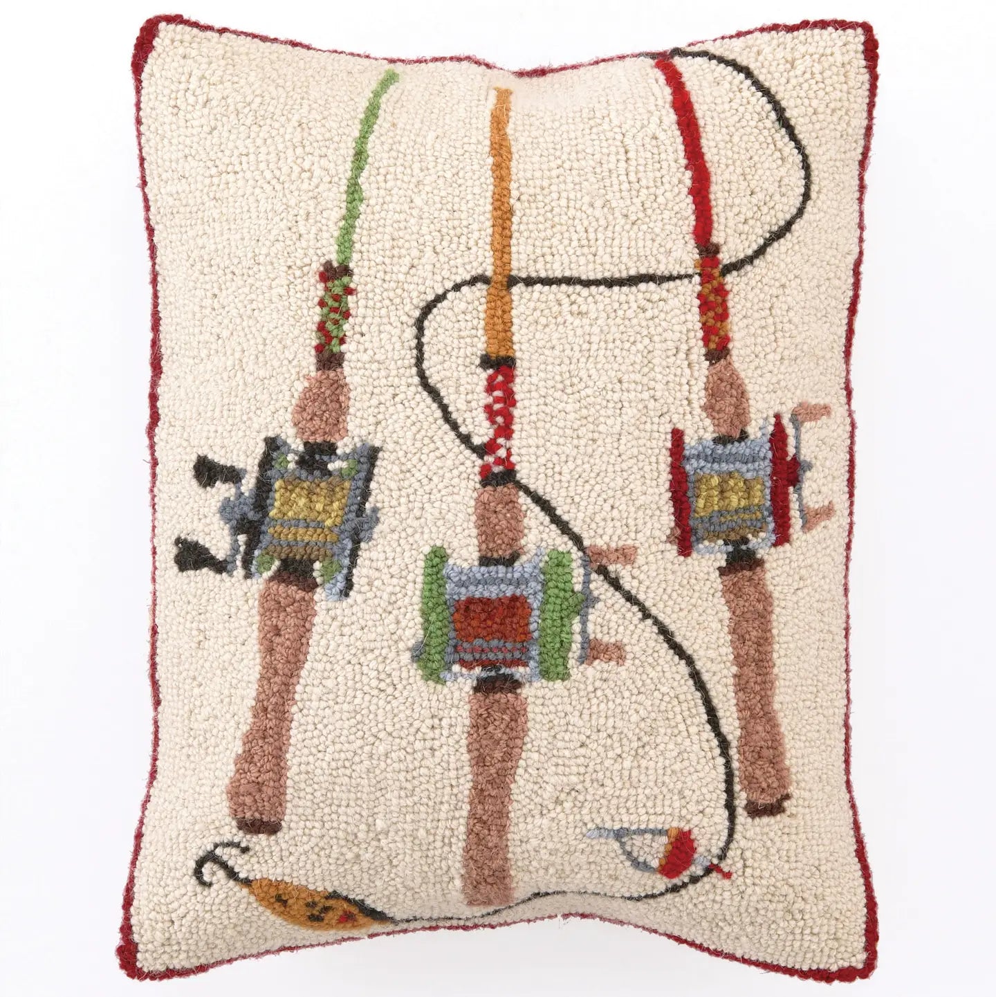 Handcrafted wool hooked pillow featuring fishing rods, hooks, and colorful tackle box designs on cream background with burgu…