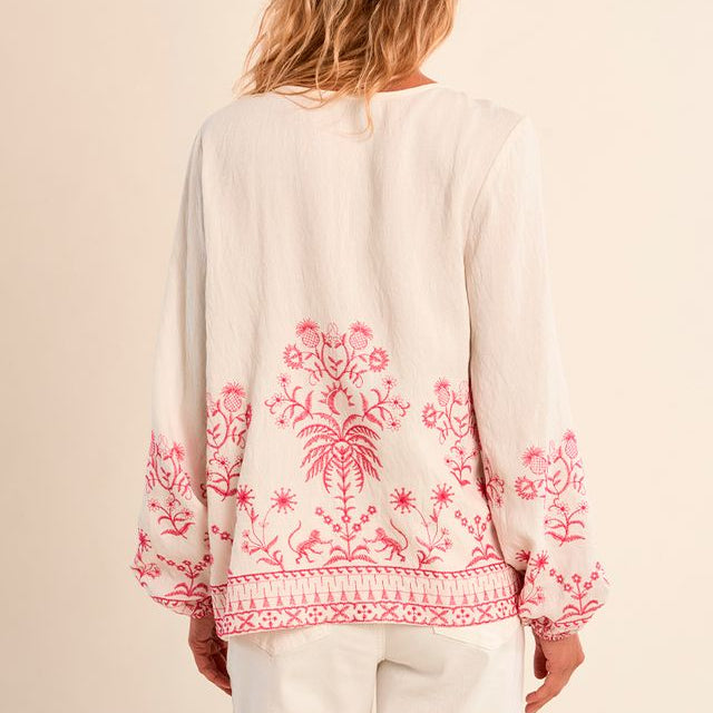 Person wearing a light-colored blouse with pink floral embroidery on a plain background