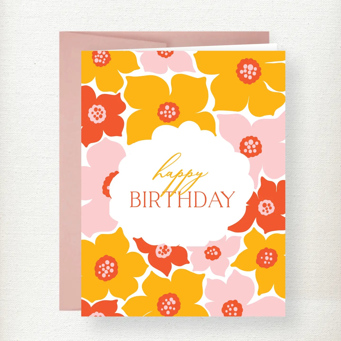 Colorful birthday greeting card with yellow, red, and pink flowers surrounding white cloud-shaped center with happy birthday…