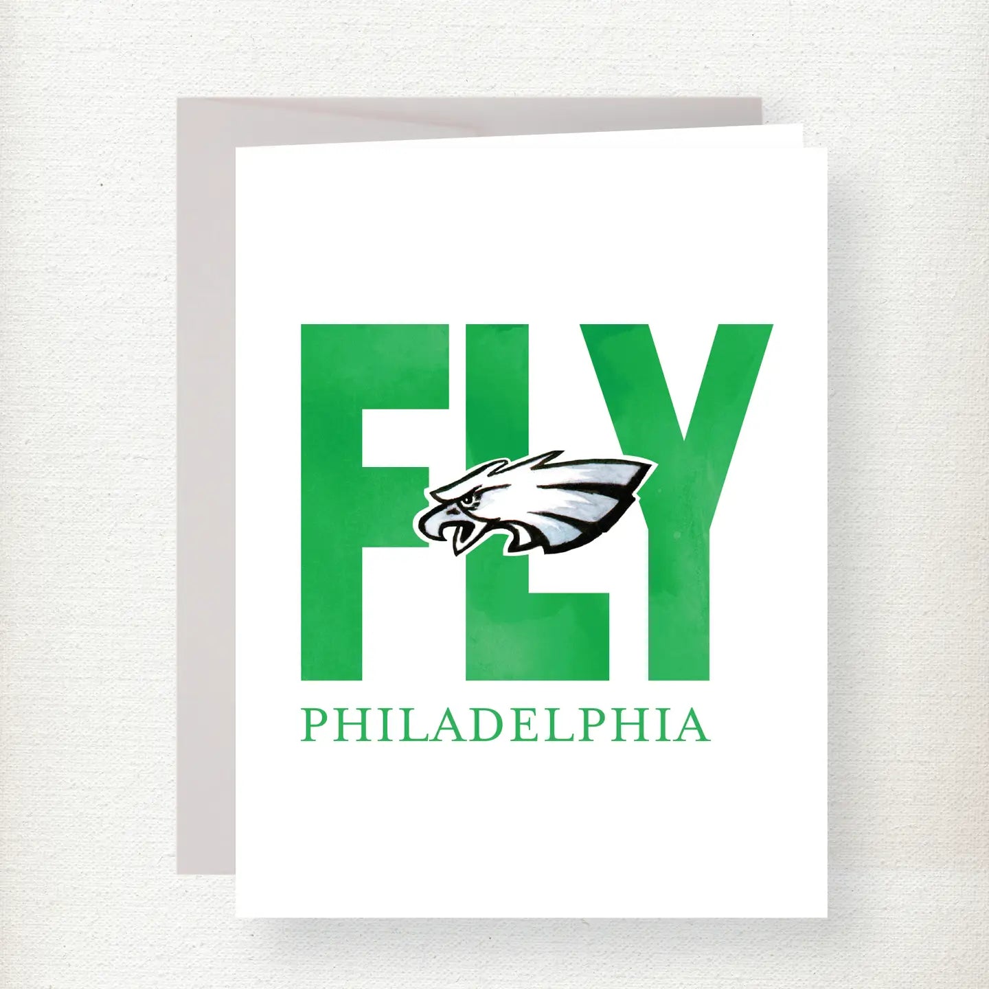 Fly Philadelphia Eagles greeting card with green block letters and Eagles logo, featuring gray envelope Main image