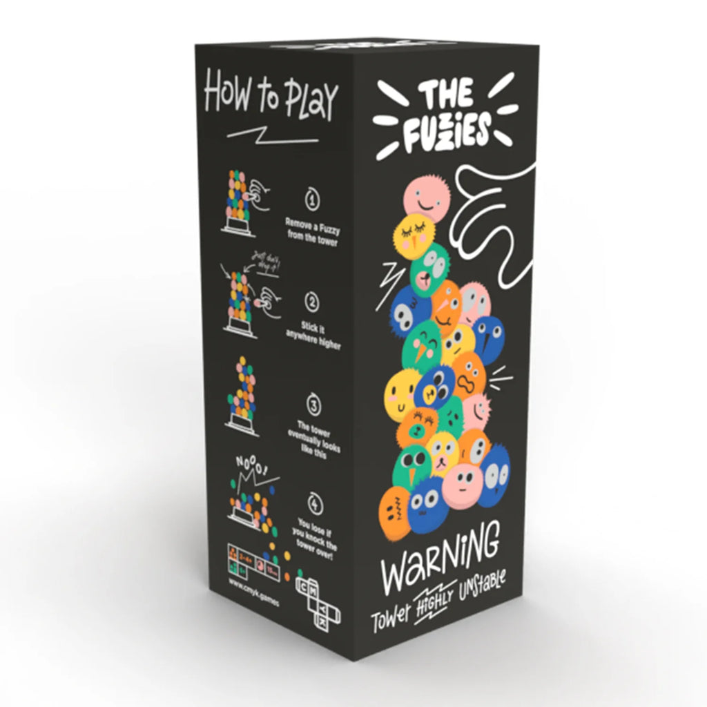 The Fuzzies tower stacking game with colorful smiling character pieces and black instruction box showing how to play steps