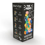 The Fuzzies tower stacking game with colorful smiling character pieces and black instruction box showing how to play steps