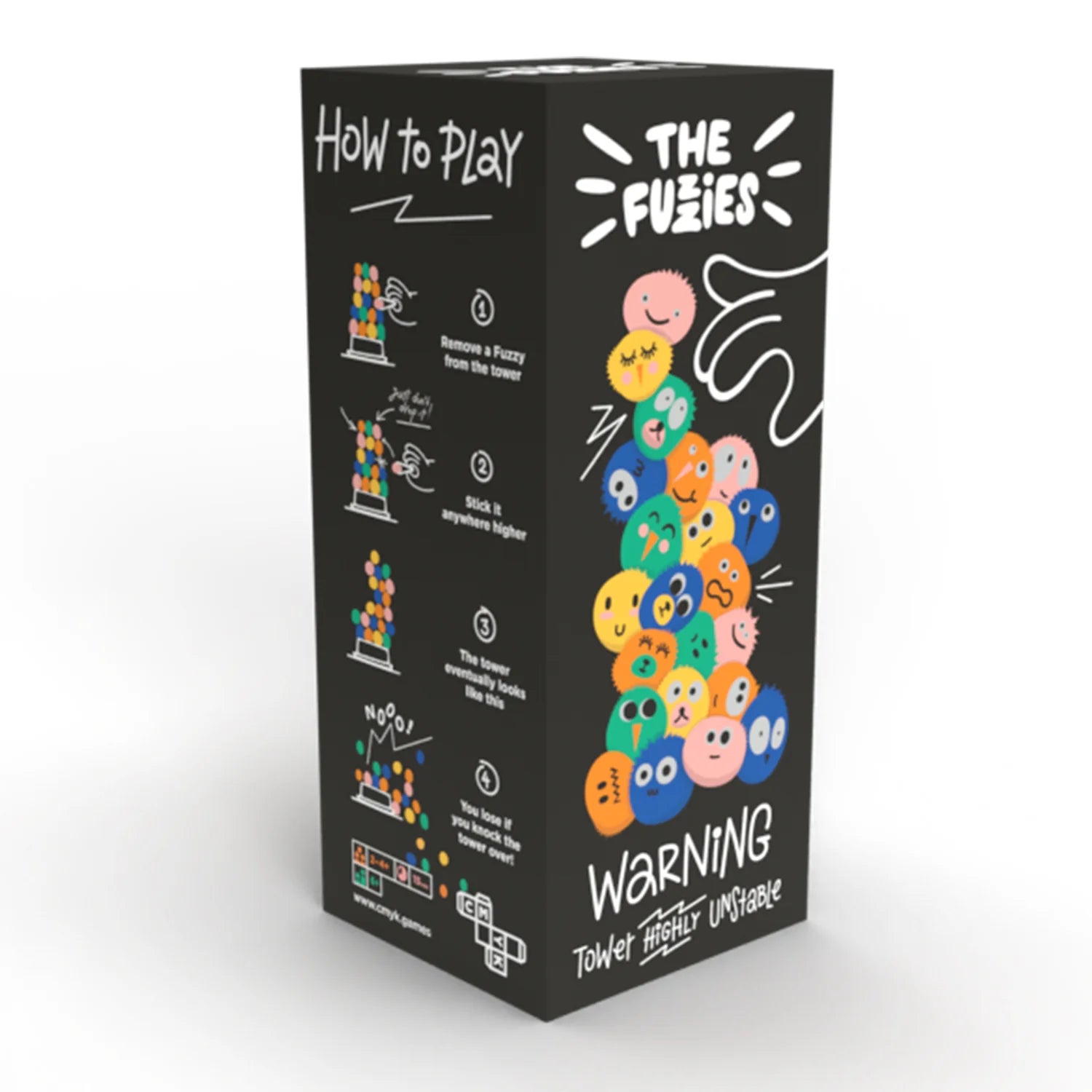 The Fuzzies tower stacking game with colorful smiling character pieces and black instruction box showing how to play steps