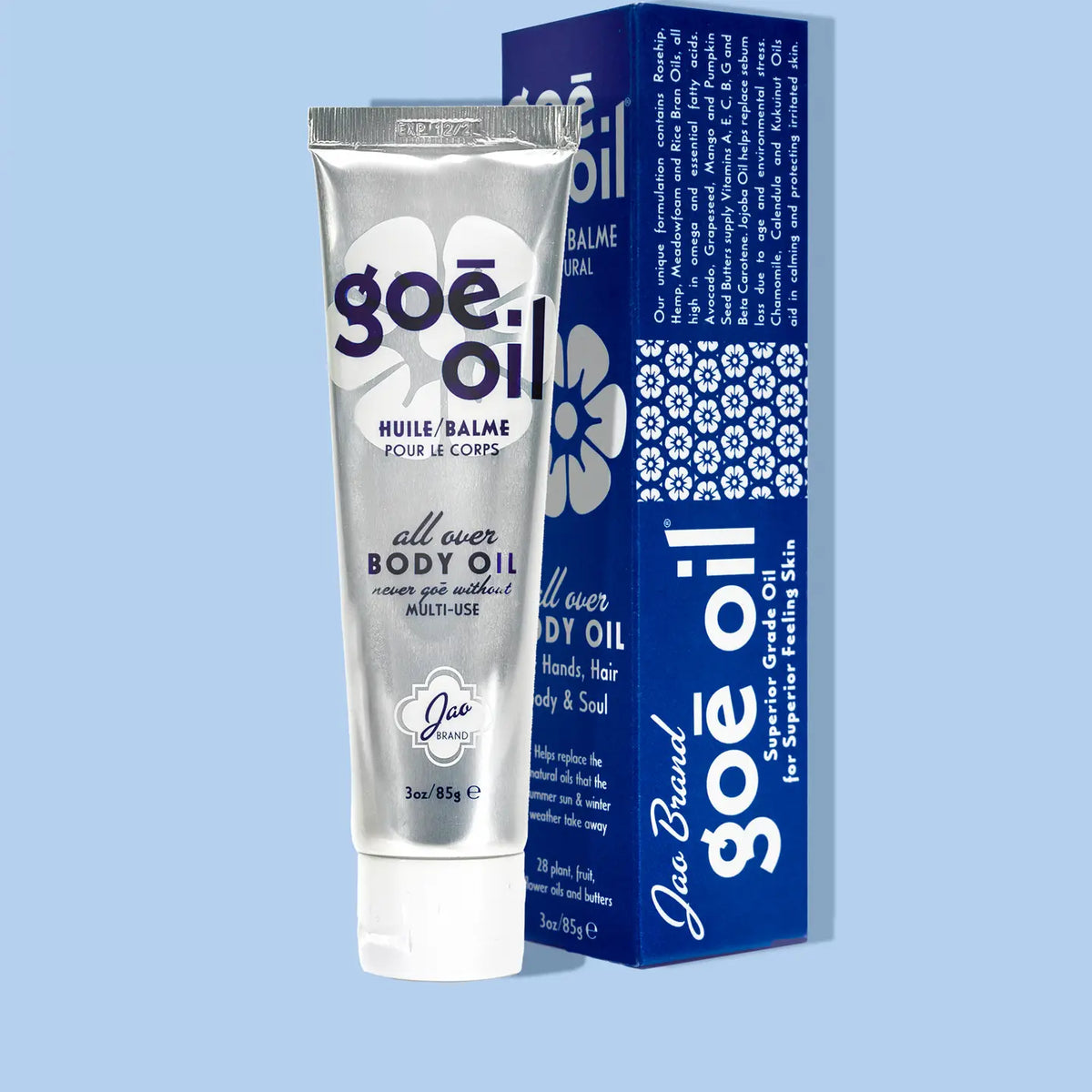 Goe Oil all over body oil tube and blue box featuring white floral pattern, 3oz/85g multi-use skincare product