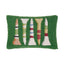 Green hook pillow with five golf tee designs featuring colorful striped patterns in white, red, blue, tan, and coral