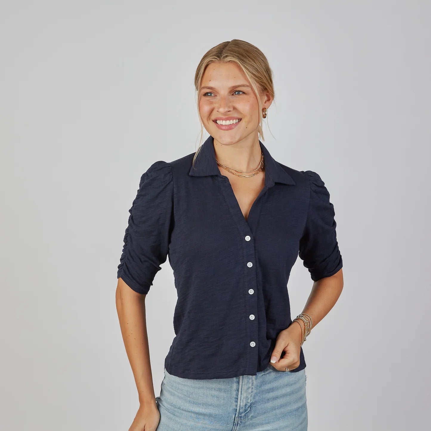 Grace Button-Up Elbow-Length Tee