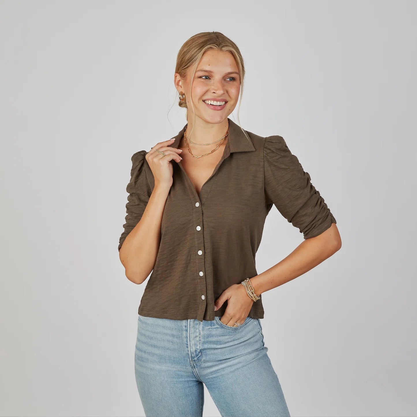 Grace Button-Up Elbow-Length Tee