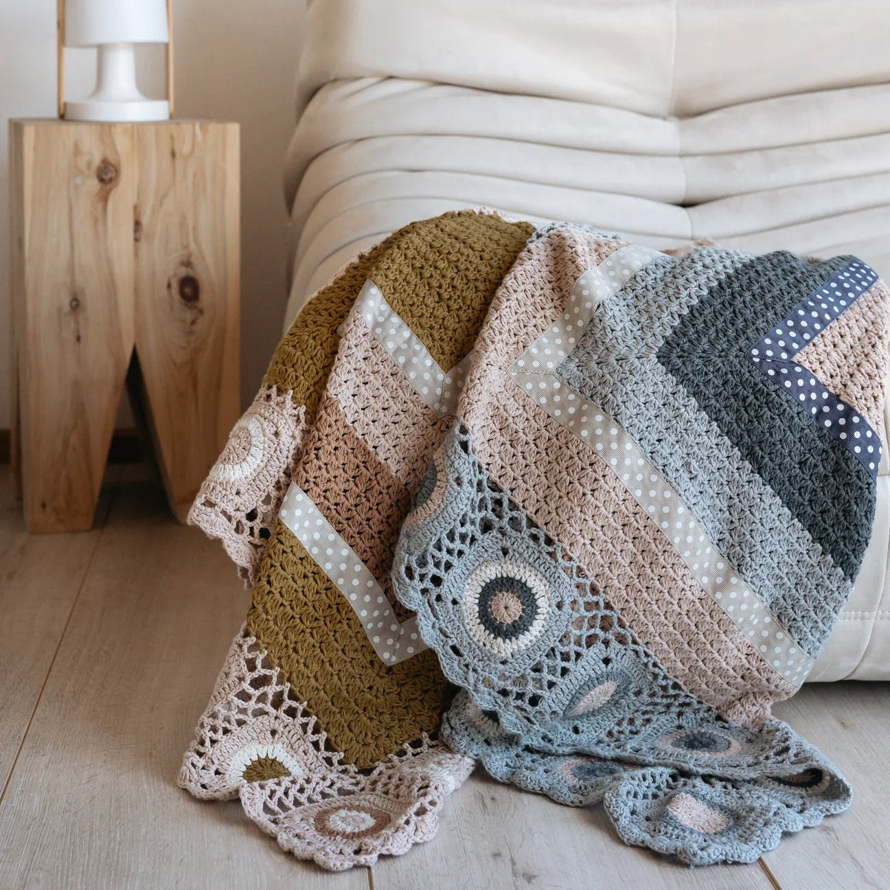 Grey and Cream Hand Crochet Blanket