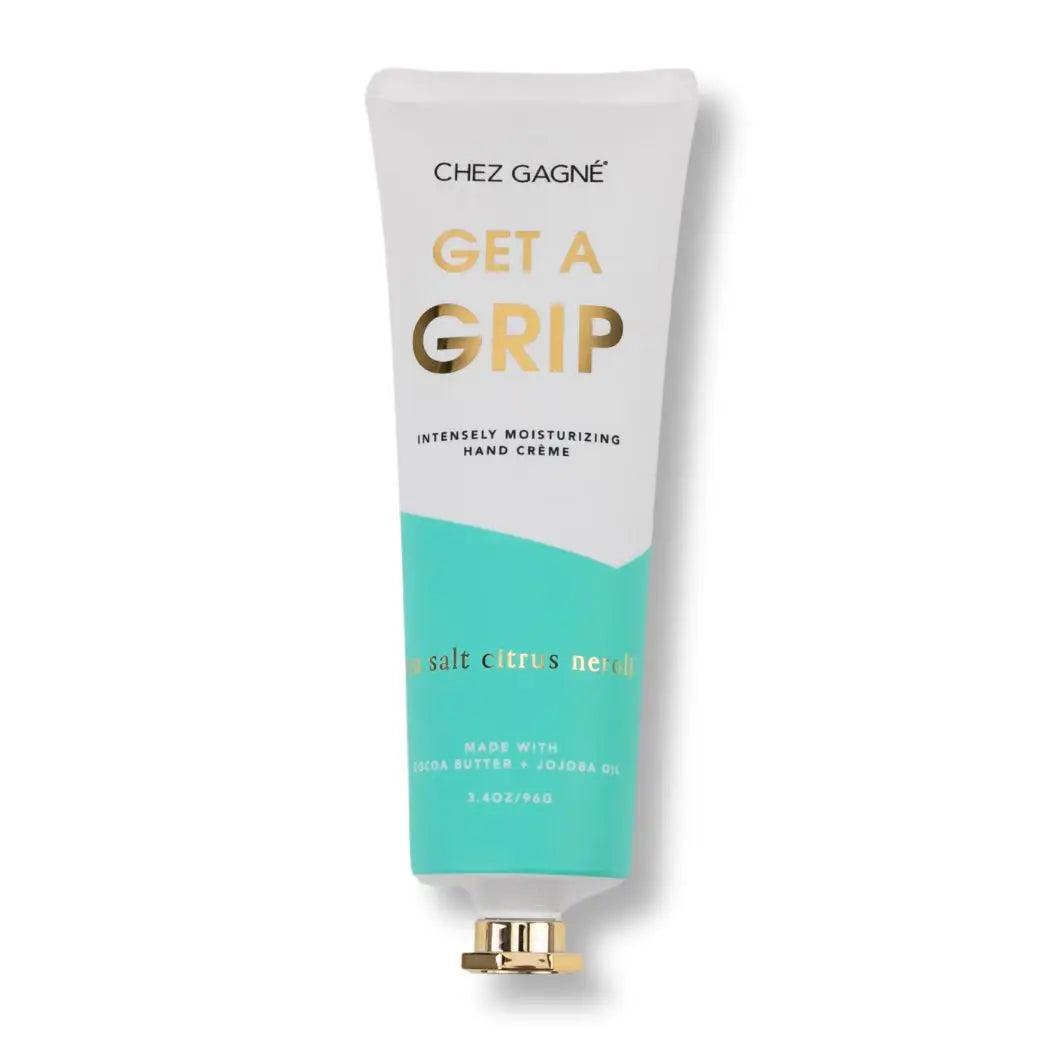 Chez Gagné Get A Grip hand crème tube in white and turquoise with gold text, sea salt citrus neroli scent, 3.4oz size Main image