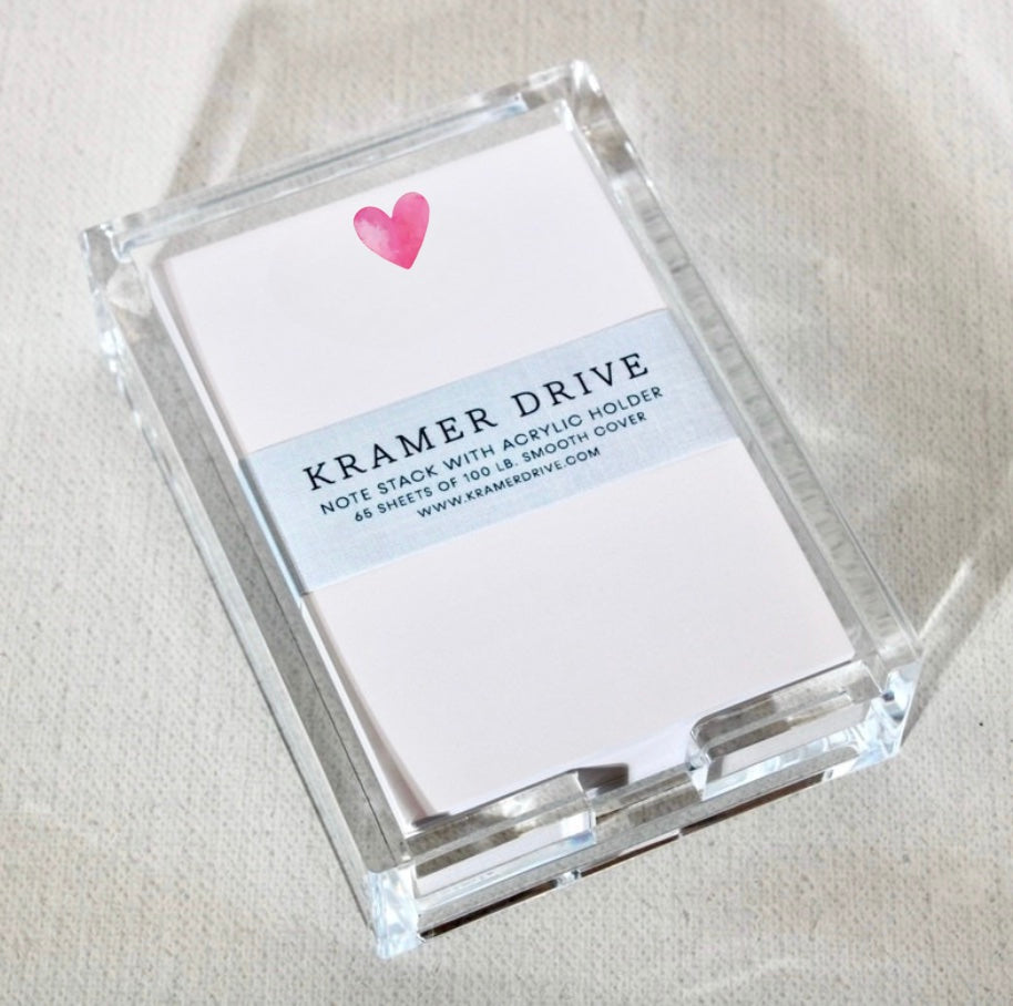 Kramer Drive Heart Watercolor Note Stack with acrylic holder containing 100 blank note sheets and pink heart design