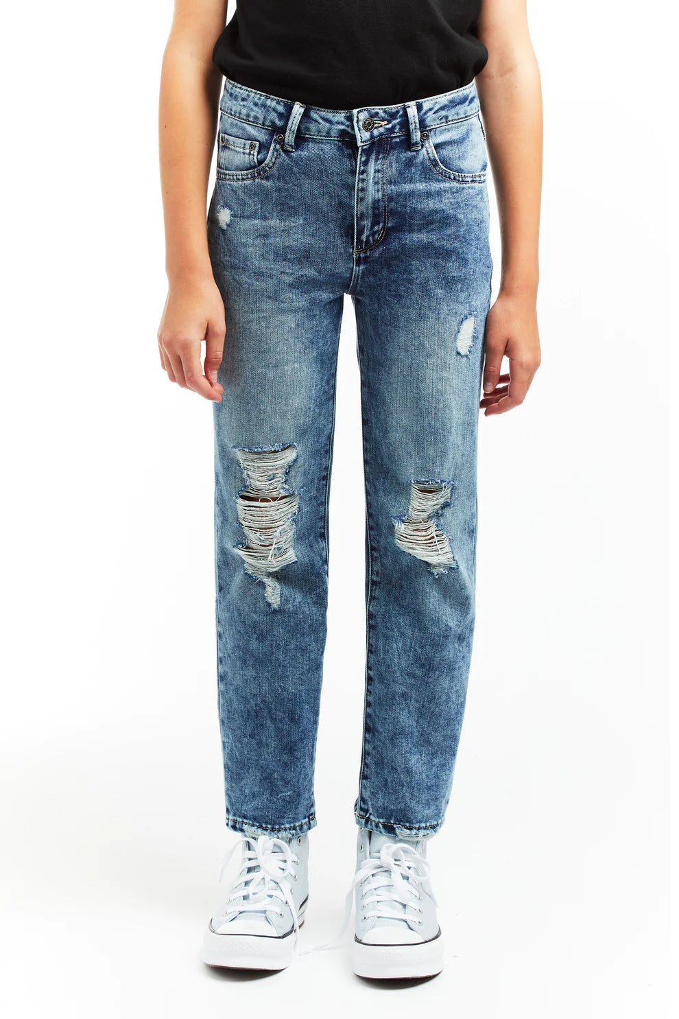 Tractr High Rise Destructed Crop Straight Jeans