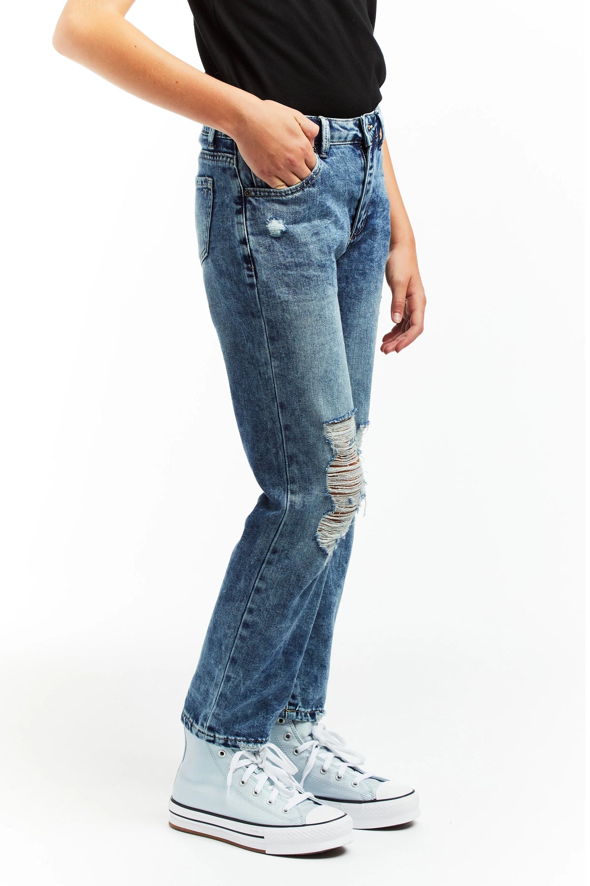 Tractr High Rise Destructed Crop Straight Jeans