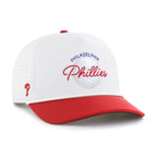 White and red '47 Brand Philadelphia Phillies baseball cap with embroidered Phillies logo and text on front