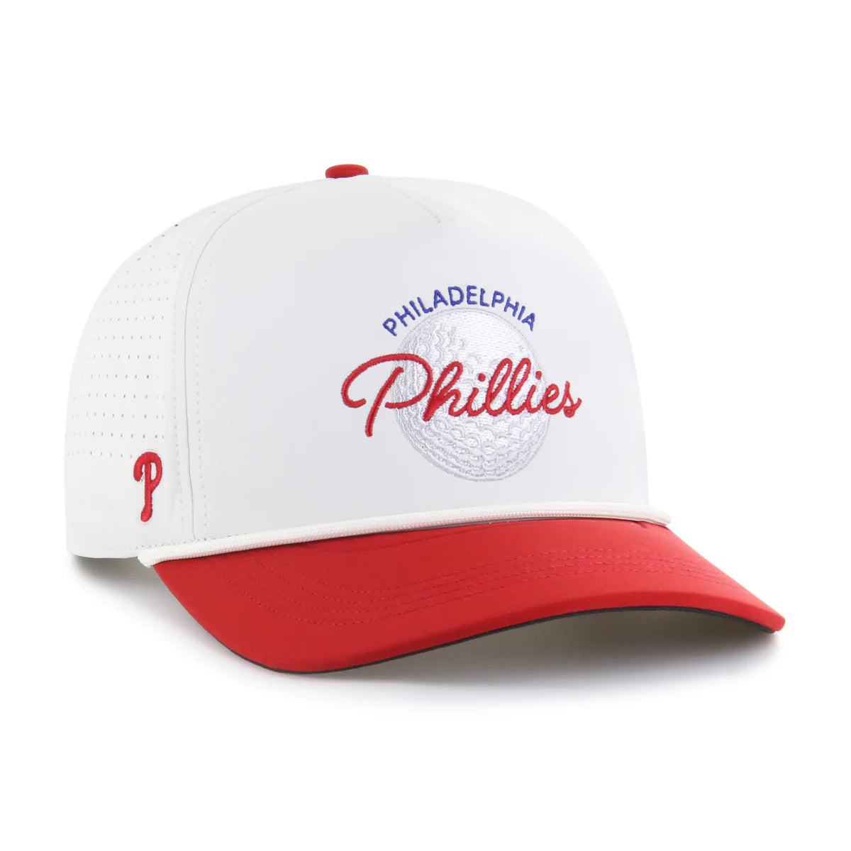 White and red '47 Brand Philadelphia Phillies baseball cap with embroidered Phillies logo and text on front