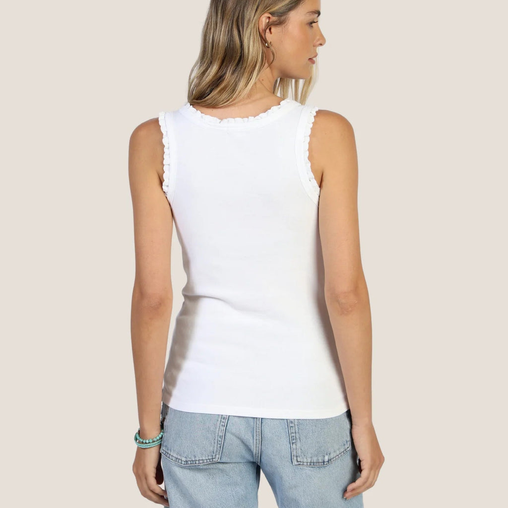 Woman wearing a white sleeveless top and light blue denim shorts on a beige background