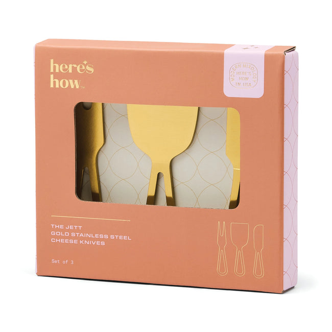 Jett Gold Stainless Steel Cheese Knives Set of 3 with cream handles and geometric pattern, displayed in peach branded packag… Main image