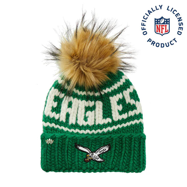 Green and cream knit beanie with Eagles logo and tan pom-pom, Philadelphia Eagles fan gear