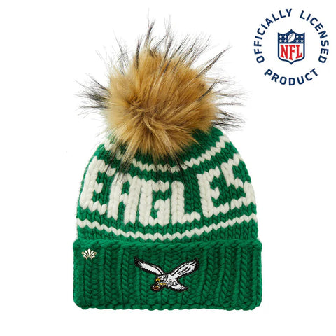 Green and cream knit beanie with Eagles logo and tan pom-pom, Philadelphia Eagles fan gear