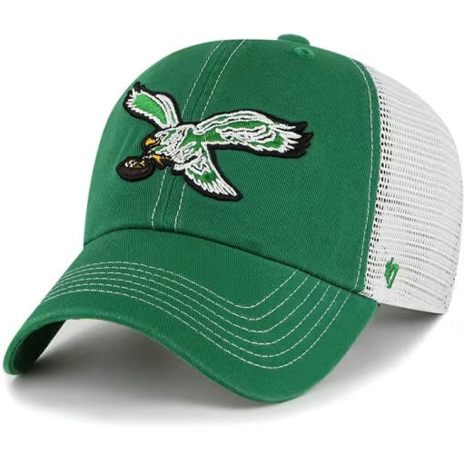 Green and white '47 Brand Philadelphia Eagles trucker cap with embroidered flying eagle logo and mesh back panel