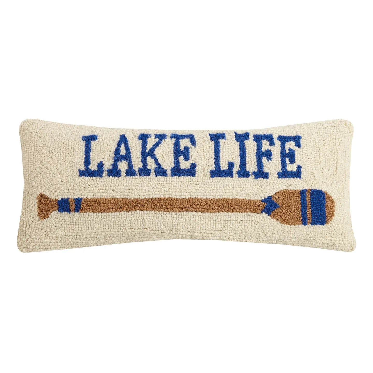 Cream-colored Lake Life hook pillow with blue text and brown paddle design with blue accents