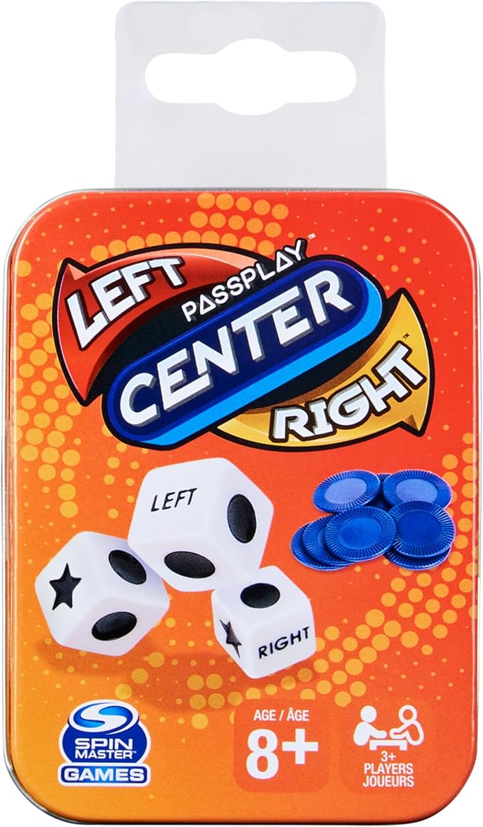 Left Center Right passplay dice game with two white dice labeled LEFT, CENTER, and RIGHT, and blue game chips on orange pack…