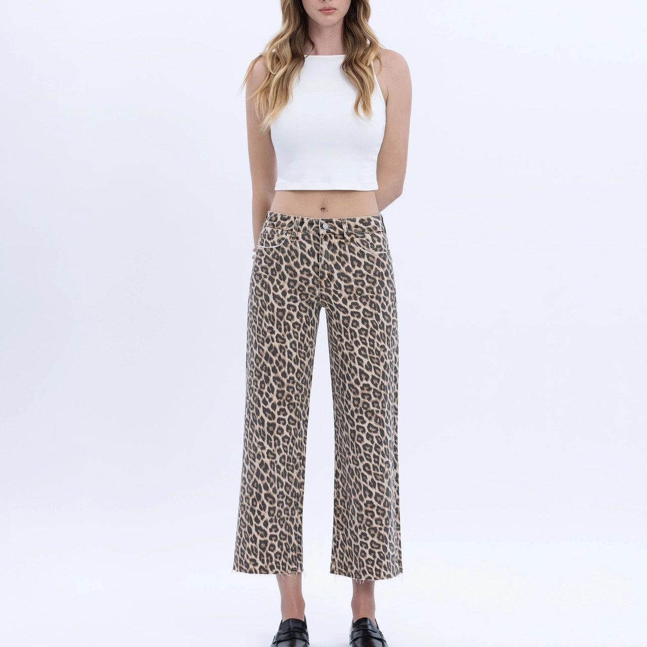 High Rise Crop Wide Leg Leopard Jean