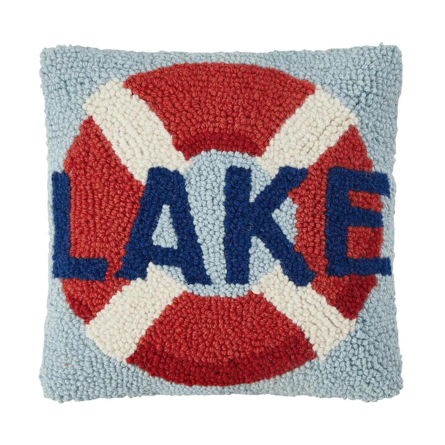 Lake Life Preserver Hook Pillow with red, white, and navy blue design on light blue background Main image