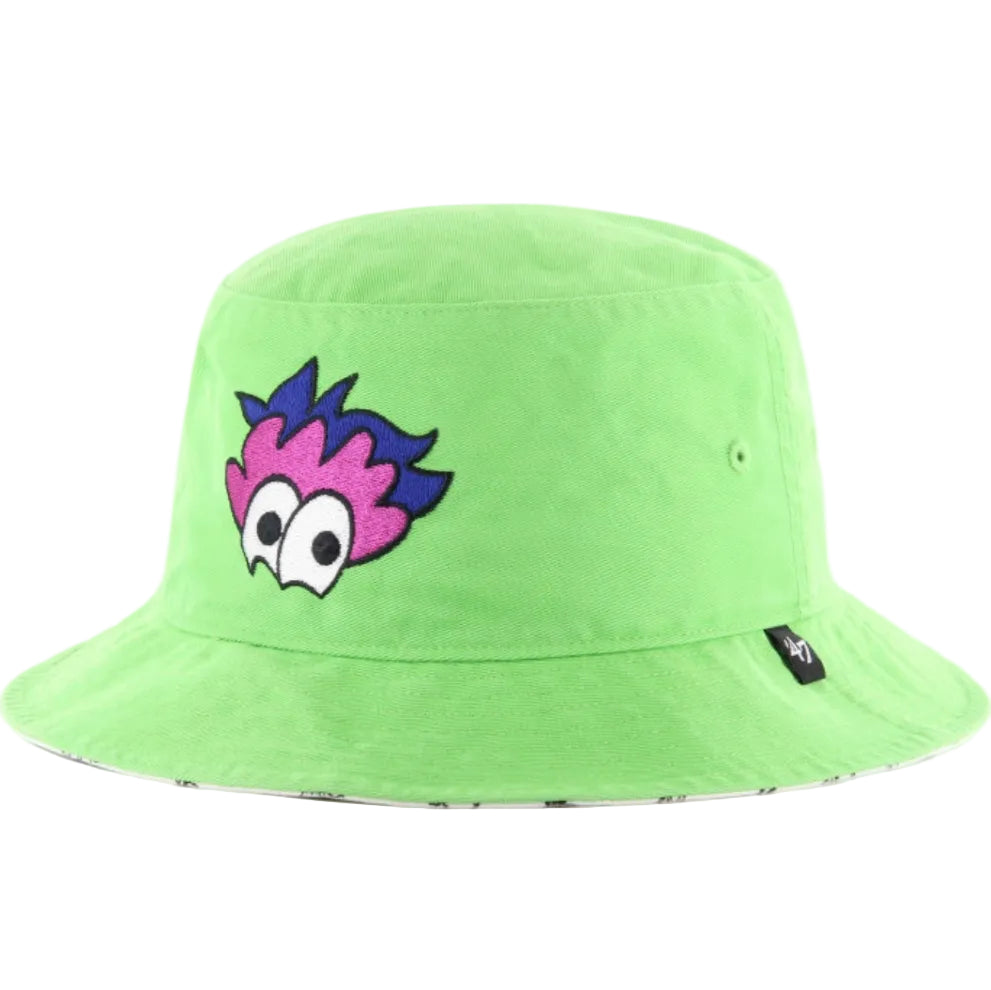 Bright lime green bucket hat with embroidered Phillies mascot face featuring pink and blue spiky hair and wide eyes