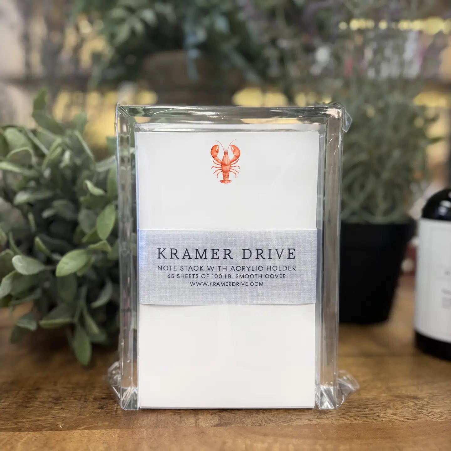 Kramer Drive lobster watercolor note stack with acrylic holder, 65 sheets of 100lb smooth cover paper in clear packaging