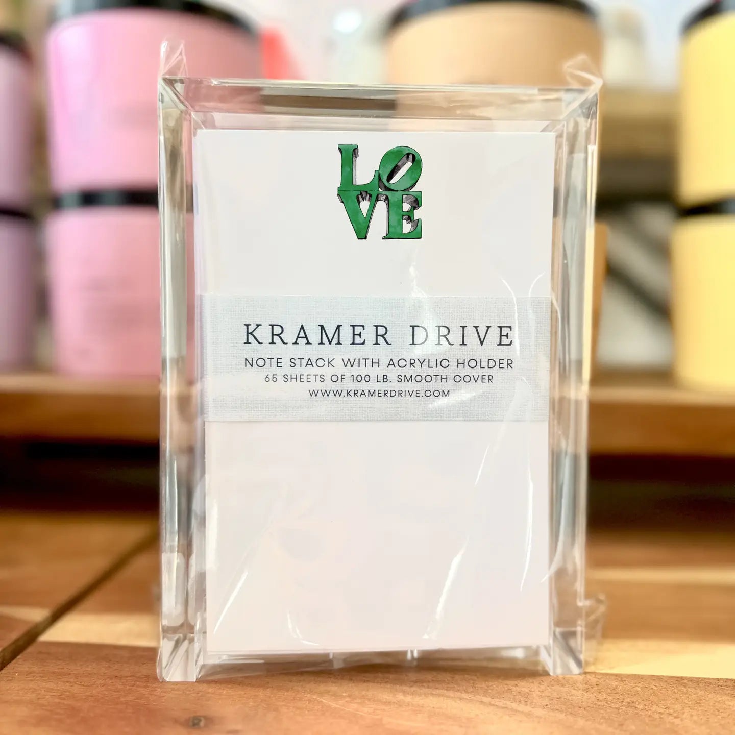 Philadelphia Green LOVE Note Stack with acrylic holder, 65 sheets of smooth cover paper from Kramer Drive boutique Main image