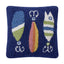 Navy blue throw pillow with textured fishing lure design featuring white hooks, colorful feathered lures, and striped accents