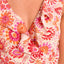 Close-up of a colorful floral-patterned dress with ruffled details.