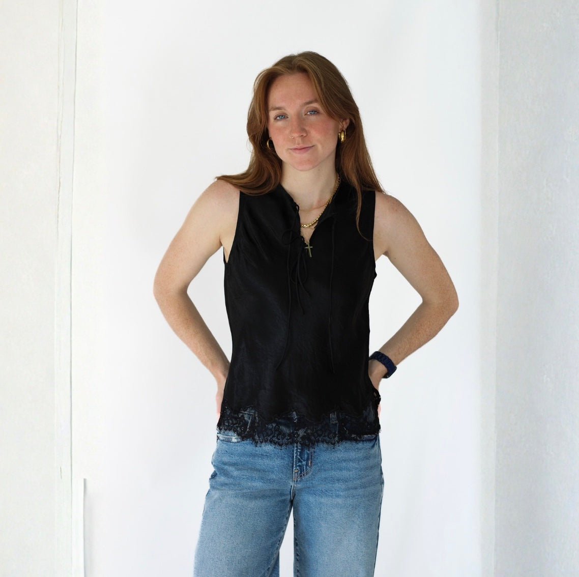 Merida Black Satin Lace Trim Sleeveless Blouse