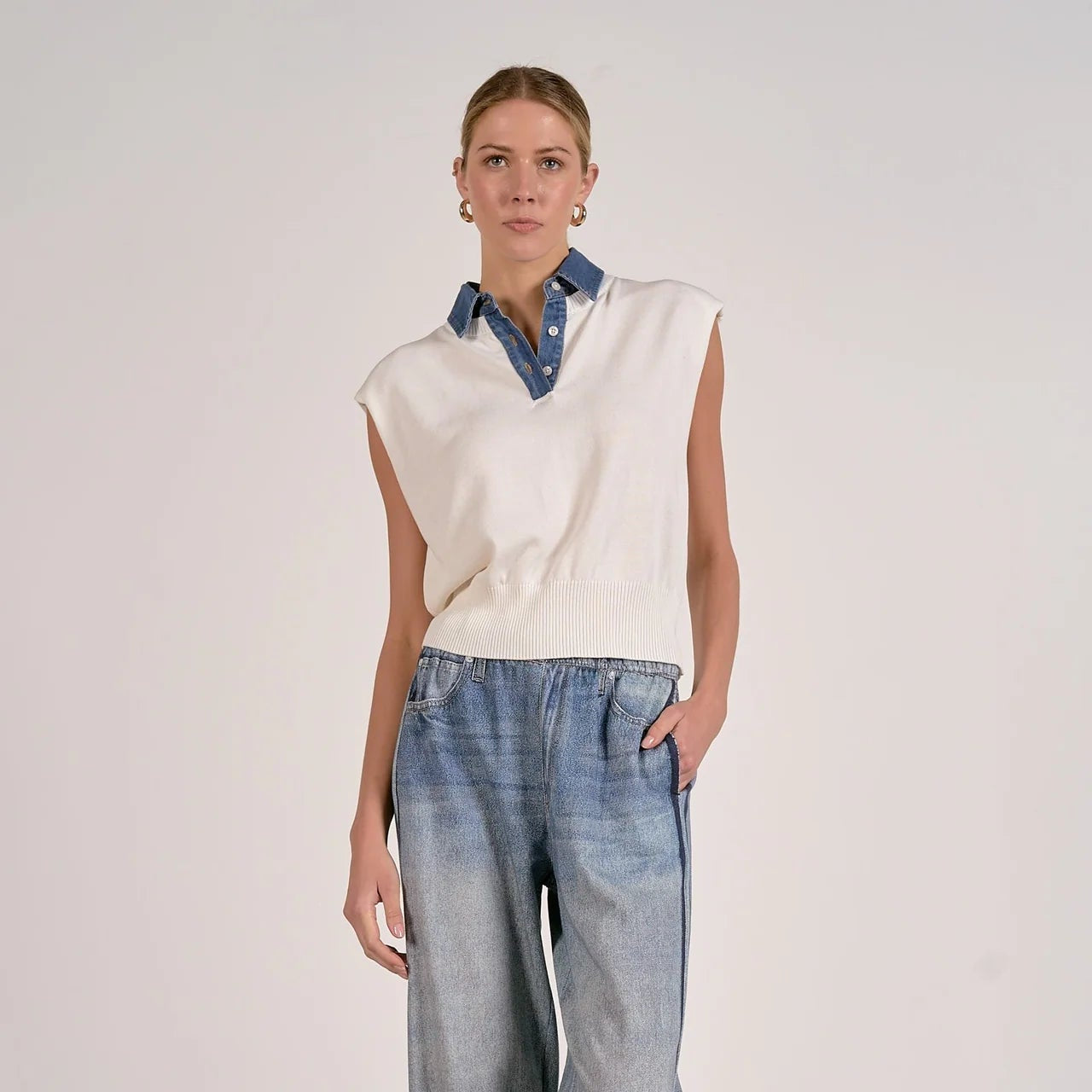 Cap Sleeve Mixed Media Sweater Top