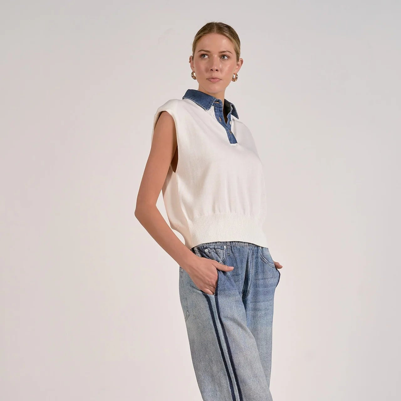 Cap Sleeve Mixed Media Sweater Top