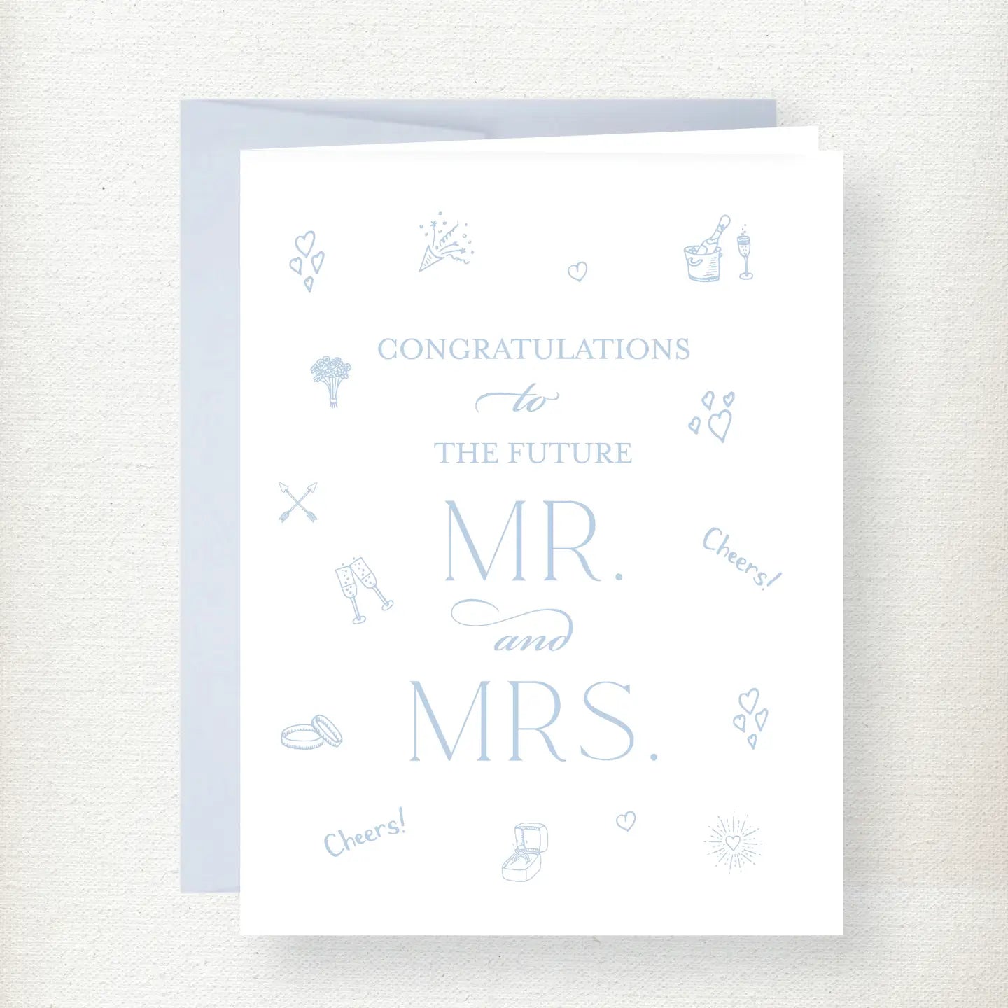 Congratulations to the Future Mr. and Mrs. wedding greeting card with light blue motifs including champagne glasses, hearts,…