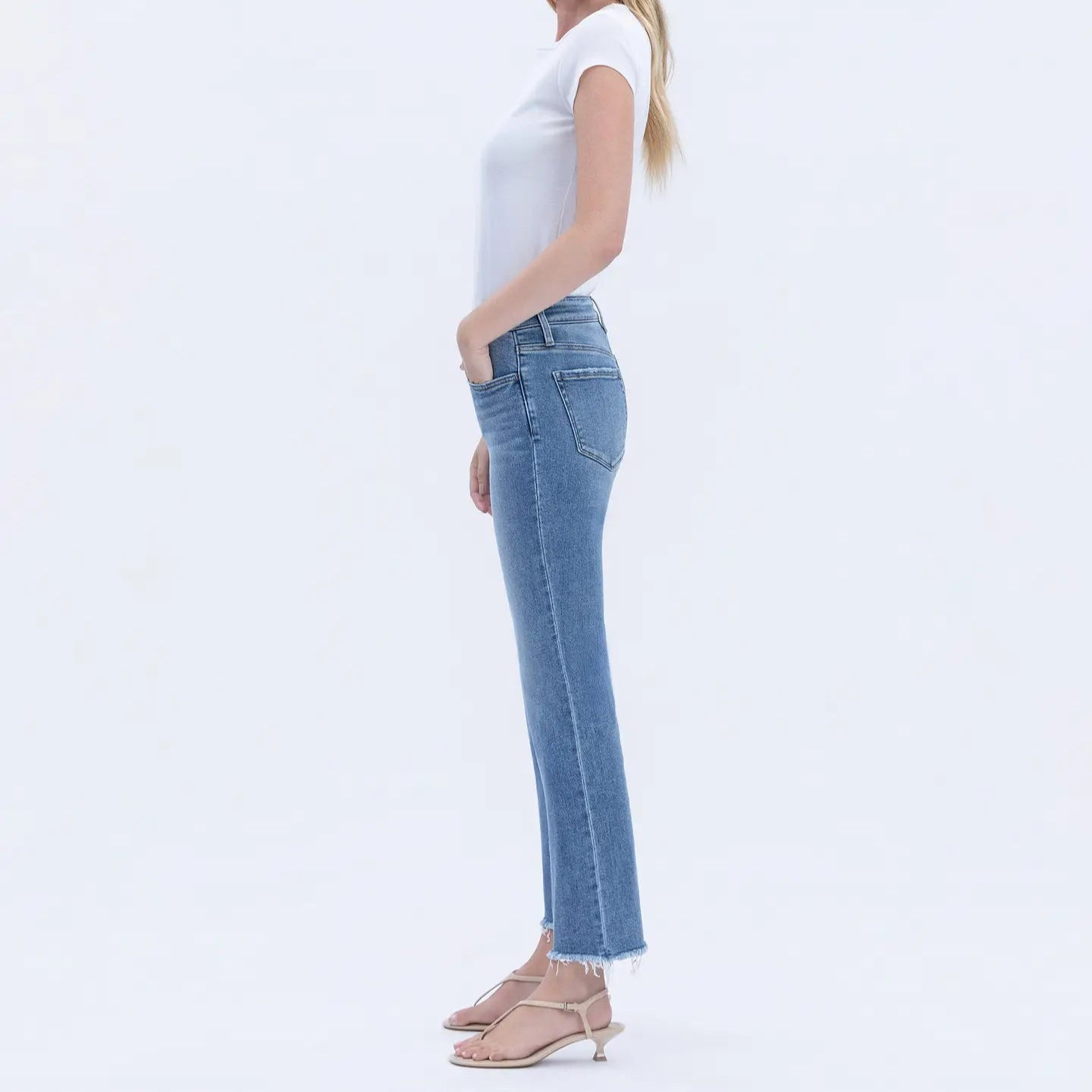 Mid Rise Crop Straight Raw Hem Jeans