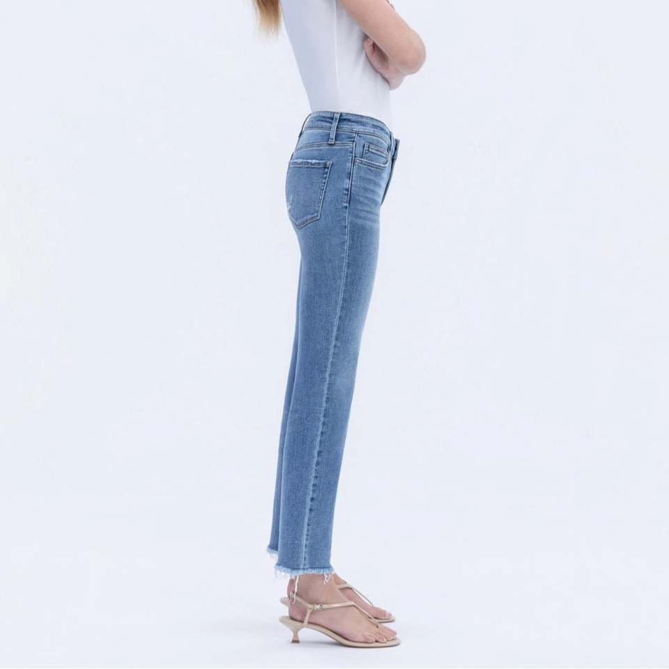 Mid Rise Crop Straight Raw Hem Jeans