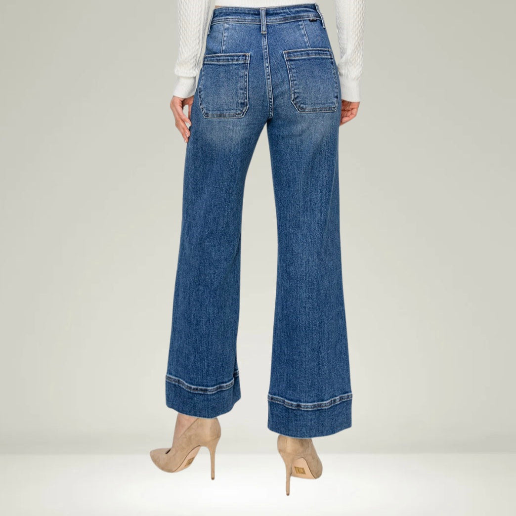Risen High Rise Faux Cuff Hem Wide Jeans