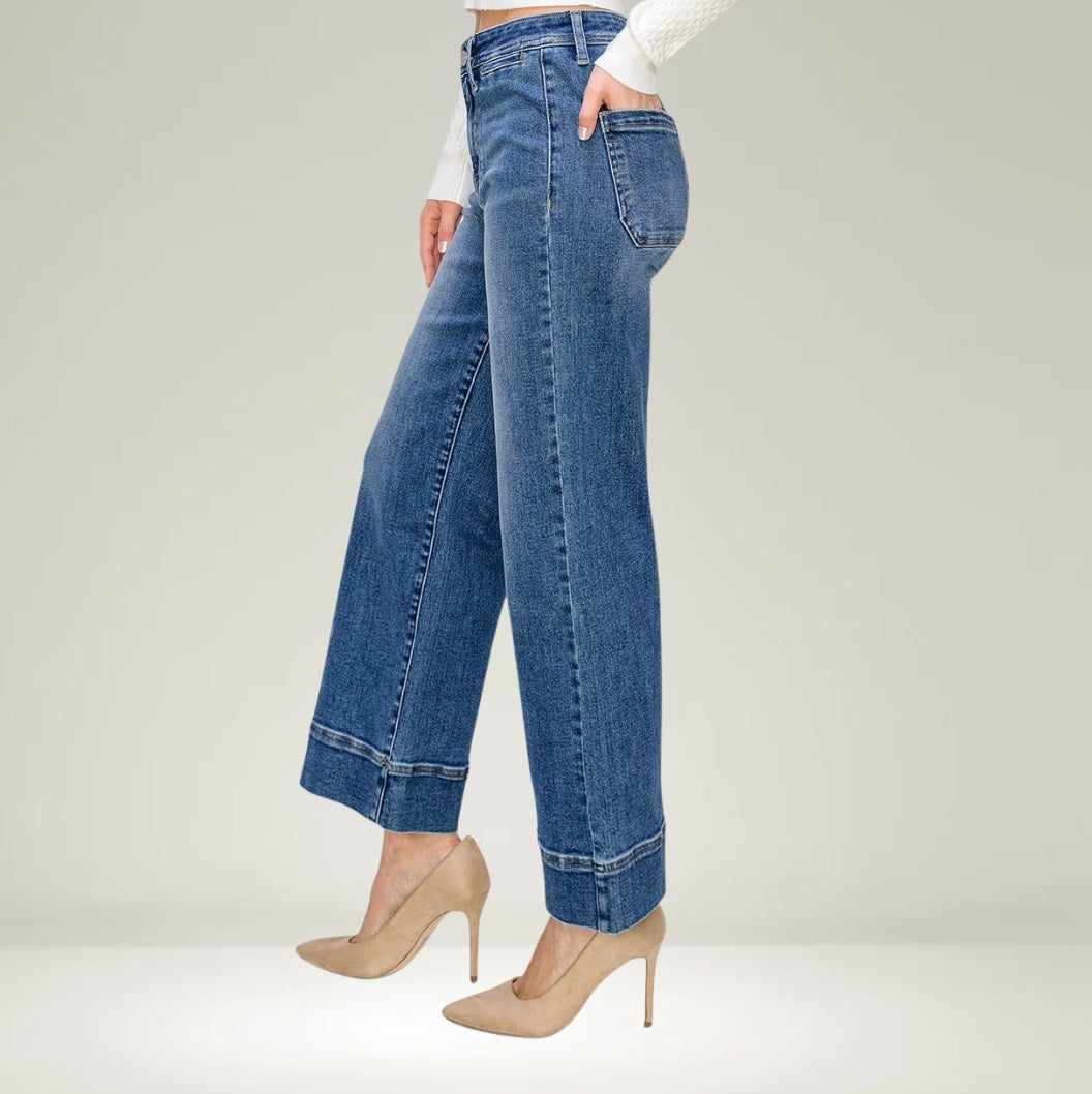 Risen High Rise Faux Cuff Hem Wide Jeans