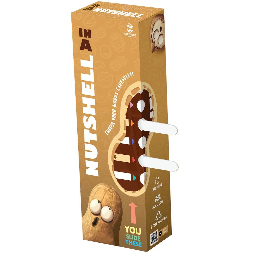 In A Nutshell board game box featuring a nutshell character with two white sliding pegs, ages 10+, for 2-20 players