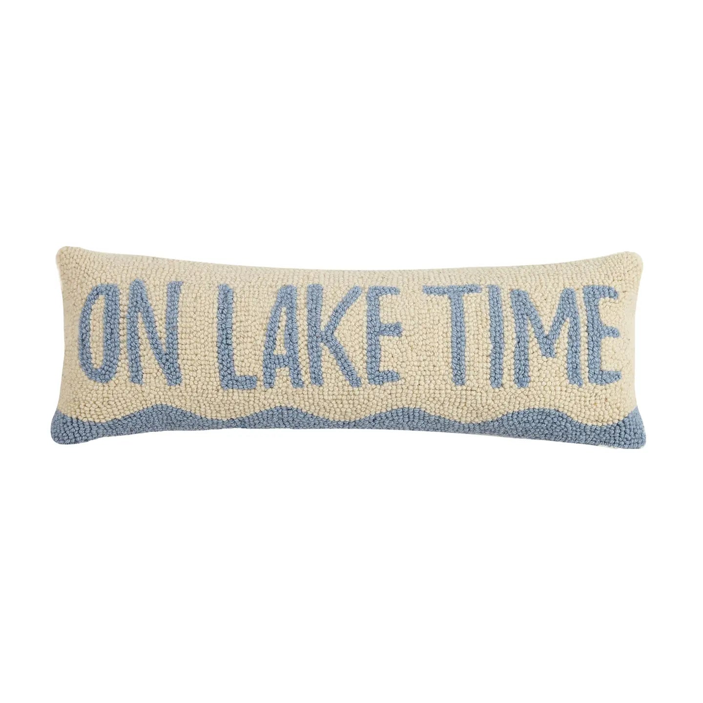 Cream and blue hooked pillow with On Lake Time text and wave design detail