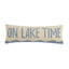 Cream and blue hooked pillow with On Lake Time text and wave design detail