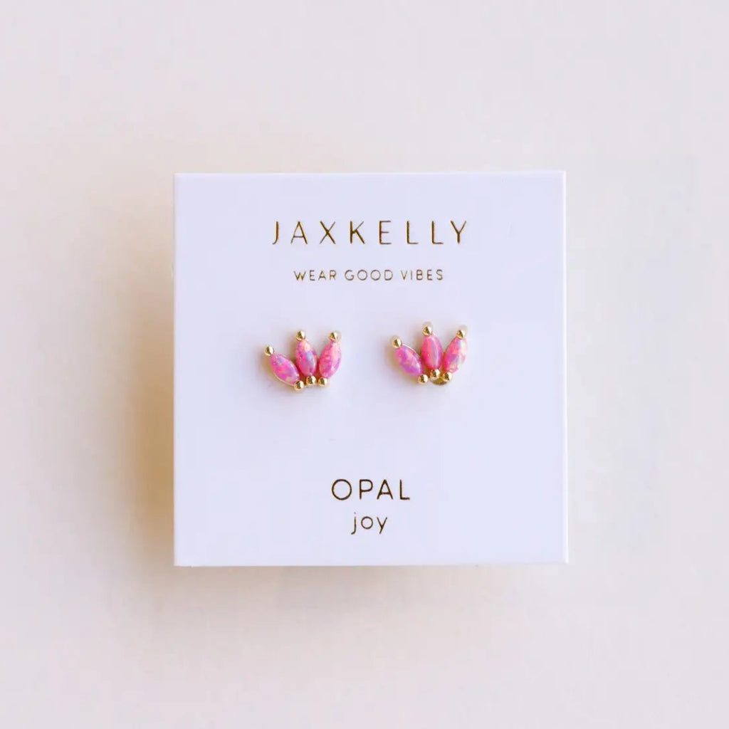 Pair of pink opal crown stud earrings with gold accents on white JaxKelly branded product card