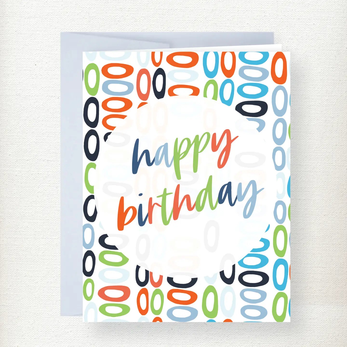 Open Circles Birthday Greeting Card with colorful handwritten happy birthday text centered on white background surrounded by…