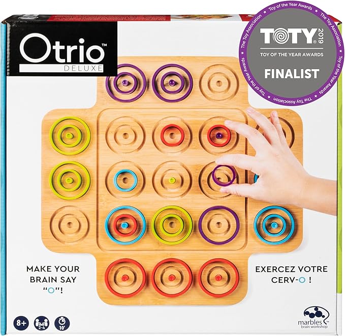 Otrio Deluxe wooden brain puzzle game with colorful stacking rings on wooden board, hand placing purple ring, Toy of the Yea…