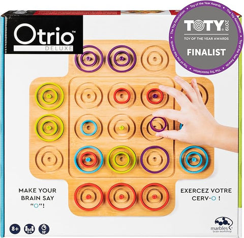 Otrio Deluxe wooden brain puzzle game with colorful stacking rings on wooden board, hand placing purple ring, Toy of the Yea…