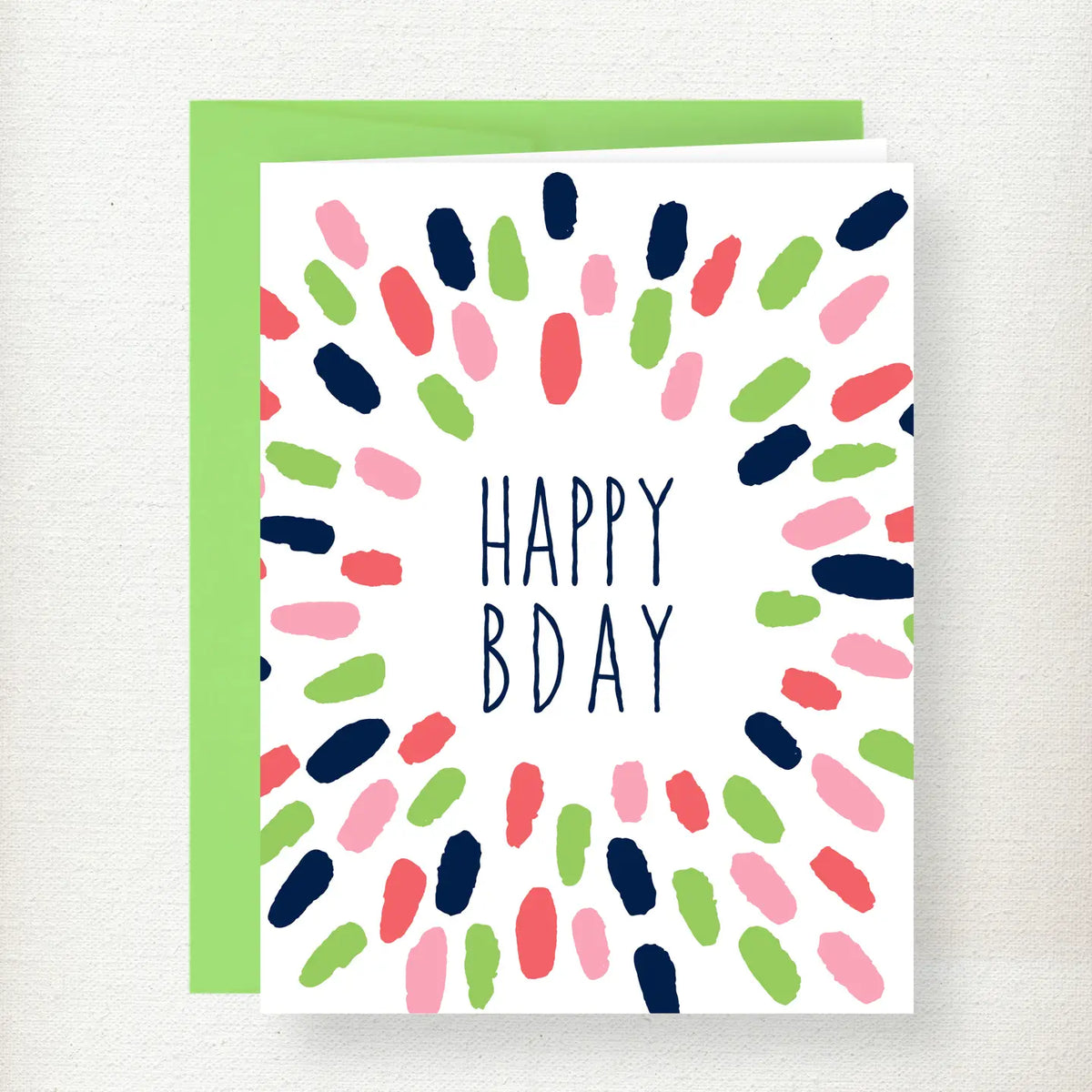 Colorful birthday greeting card with 'Happy Bday' text surrounded by hand-painted blobs in pink, green, navy, and coral