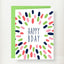 Colorful birthday greeting card with 'Happy Bday' text surrounded by hand-painted blobs in pink, green, navy, and coral